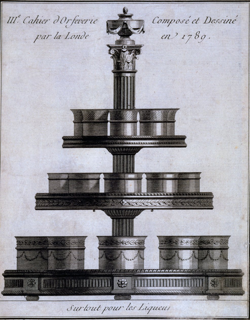 Metaloplastyka: komplet filiżanek do likieru na stojaku, 1780-96 autorstwa French School