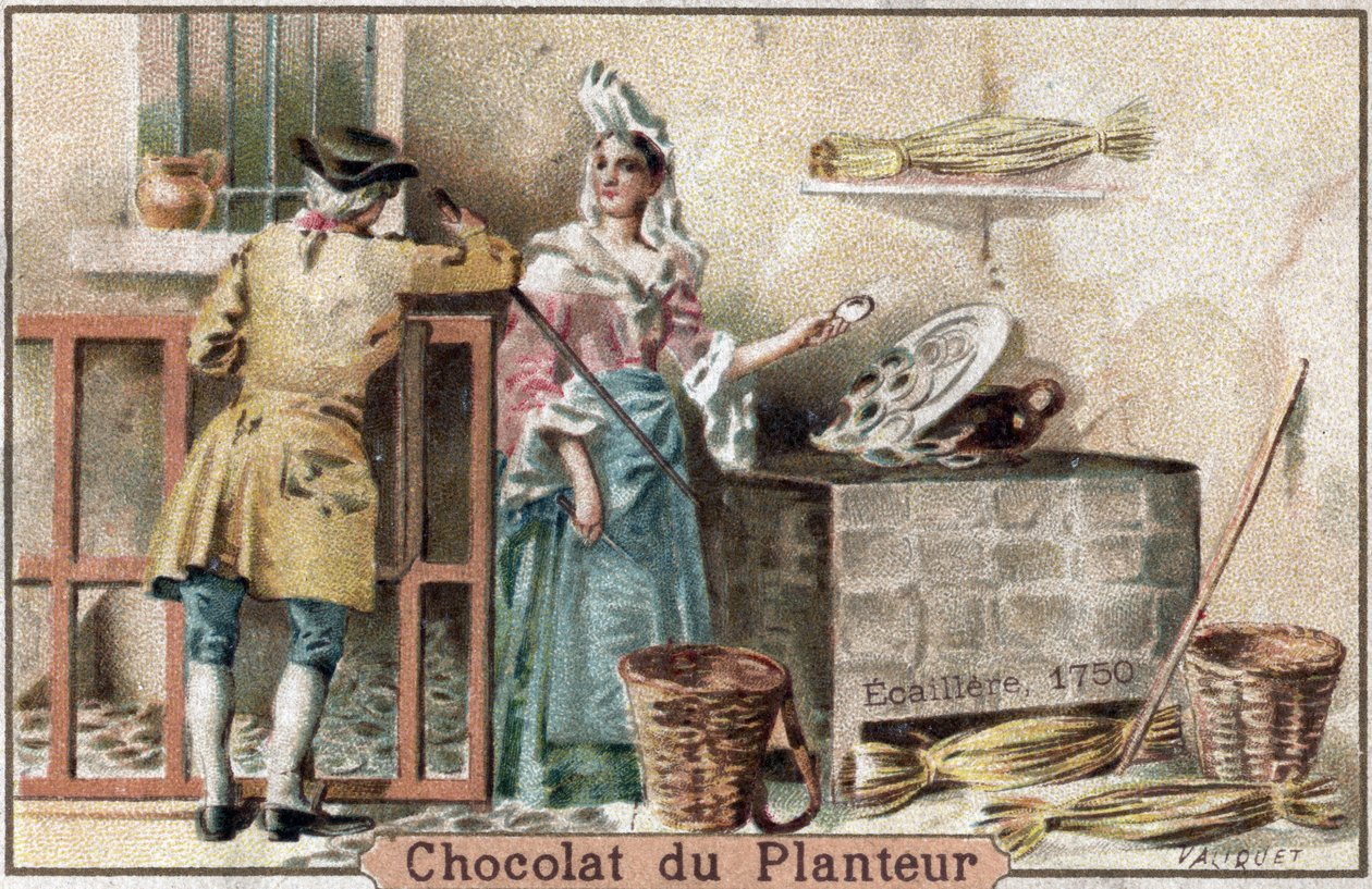 Metier zniknął: przedstawienie ecaillere, czyli sprzedawczyni ostryg, ubranej w typową czapkę, w Paryżu w 1750 r. (Oyster shucker of Paris autorstwa French School