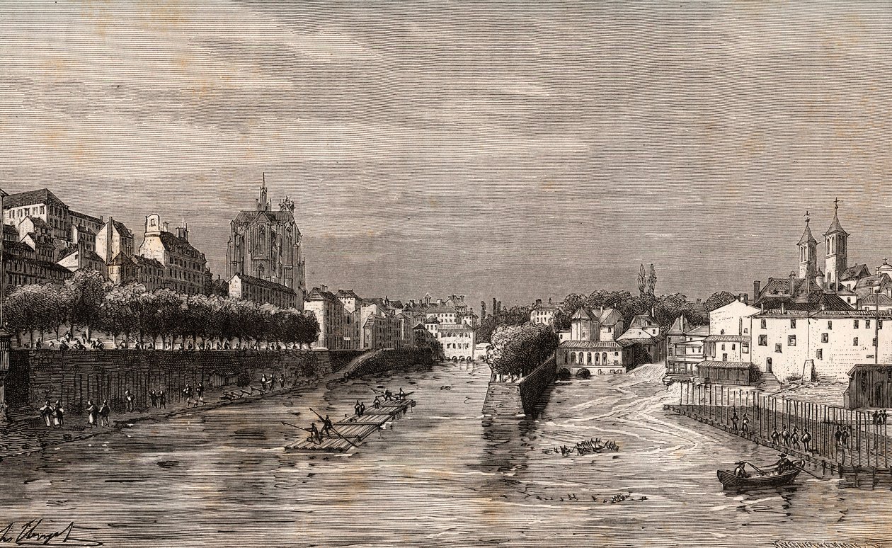 Metz - widok na port Saint-Georges - Moselle - rycina w „La France illustrée: geografia, historia, administracja statystyczna” autorstwa V.A. Malt-Browna. 1884 autorstwa French School