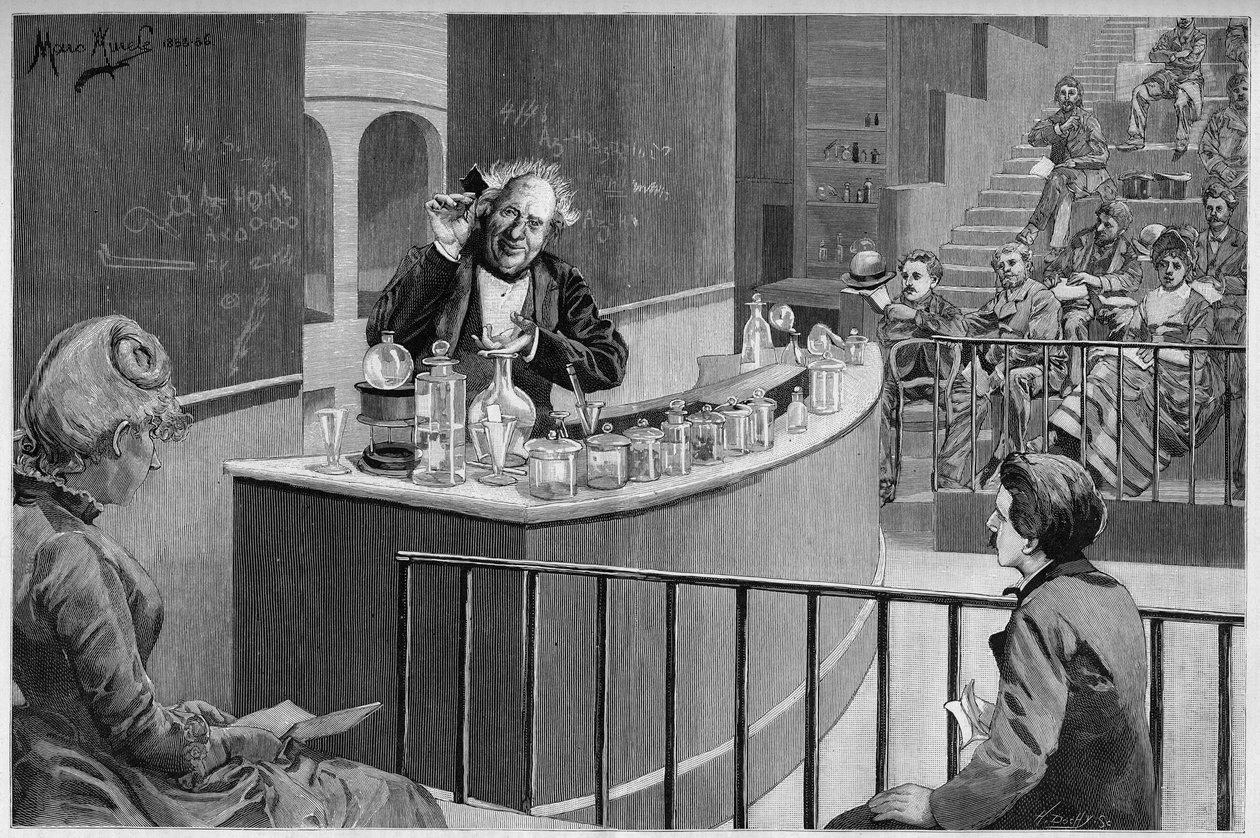 Michel Eugene (Michel-Eugene) Chevreul (1786-1889) dał swój sąd chemii w amfiteatrze Muzeum Historii Naturalnej w Paryżu, W „”The Illustrous World”” 1886. autorstwa French School
