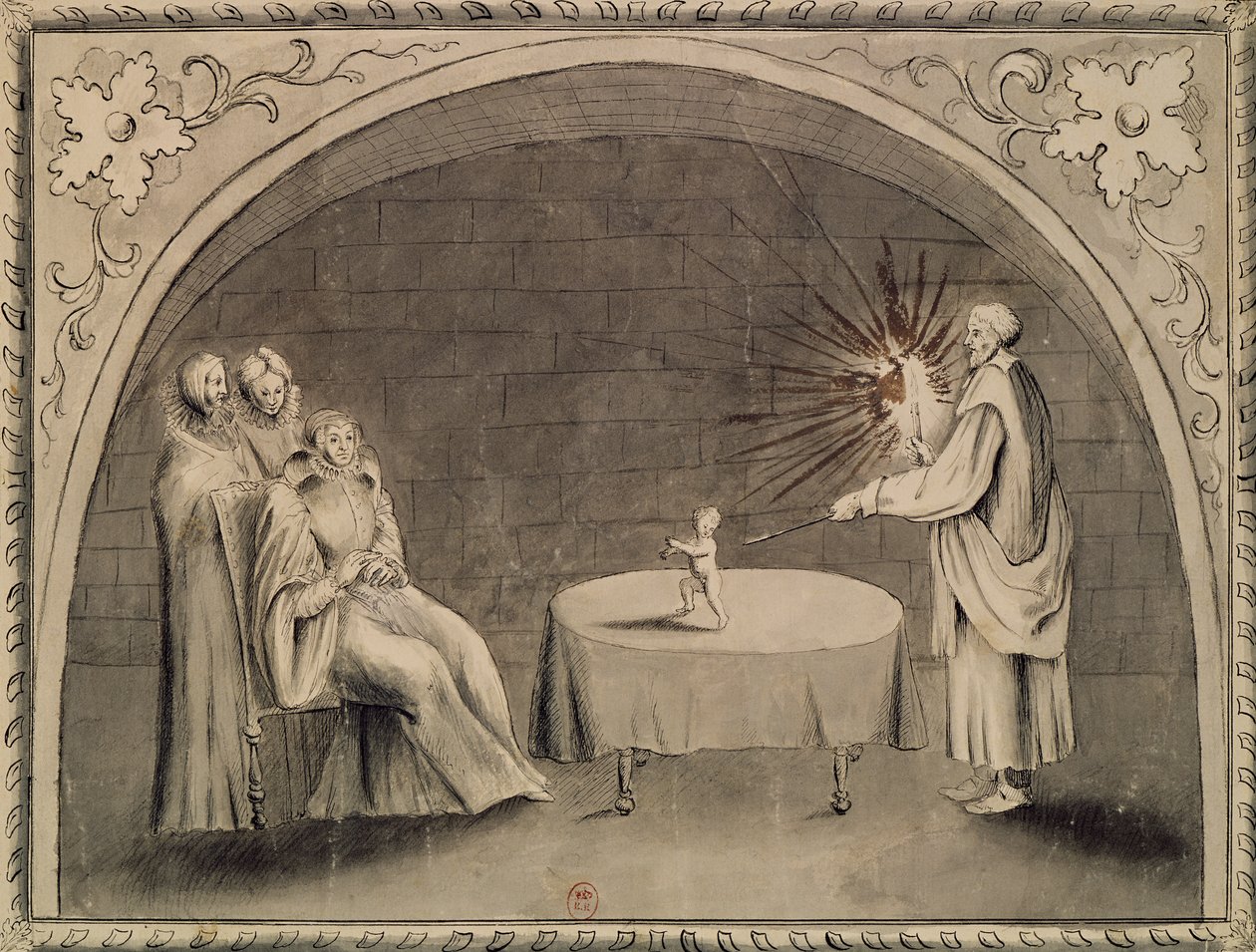 Michel de Nostradame (1503-66) i Catherine de Medici (1519-89) 1559 (pióro i atrament oraz pranie na papierze) autorstwa French School