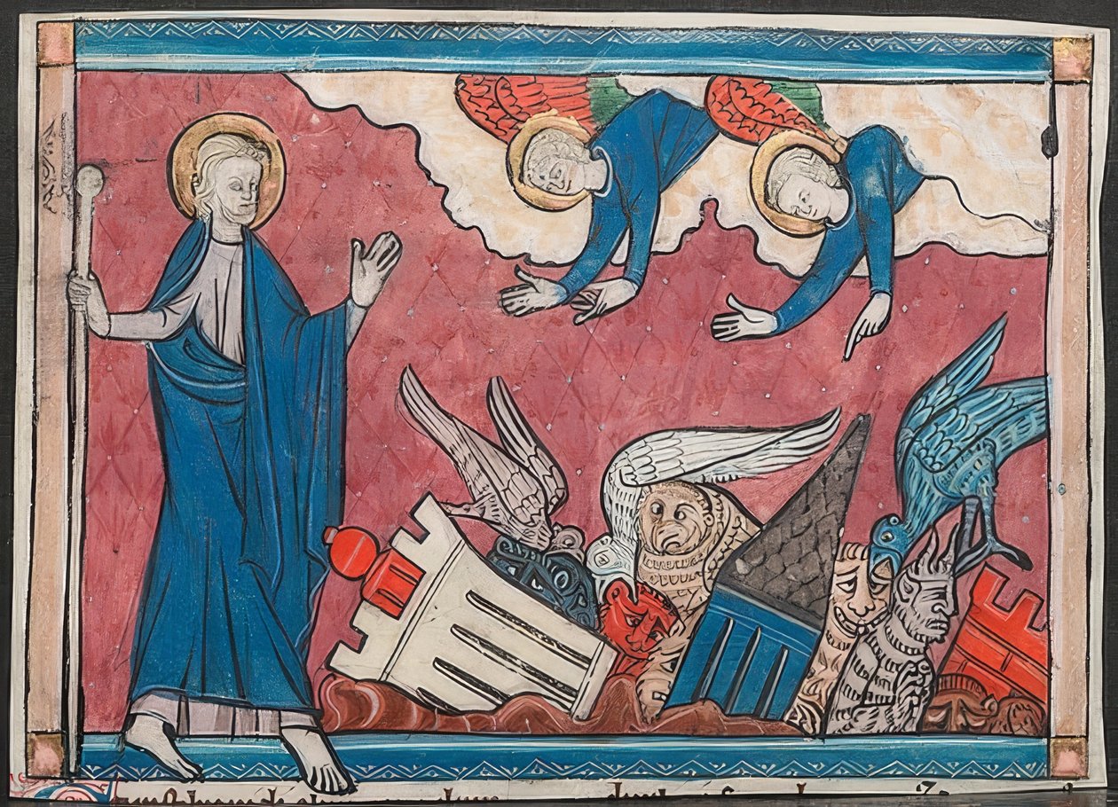 Miniatura z rękopisu Apokalipsy: Upadek Babilonu. Około 1295 autorstwa French School