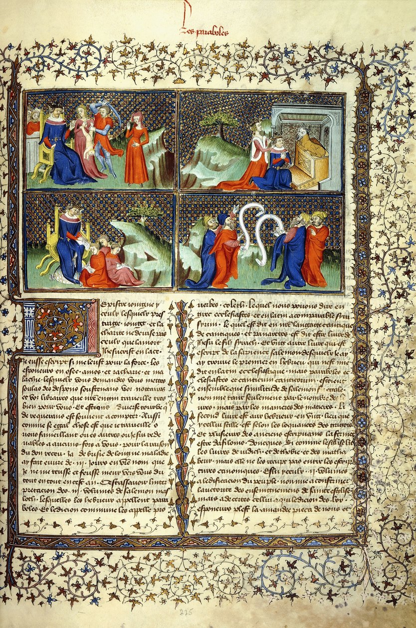 Miniatura ilustrująca sąd matek, przybycie królowej Saby, nauczanie Salomona i dysputę lekarzy, c.1410 autorstwa French School