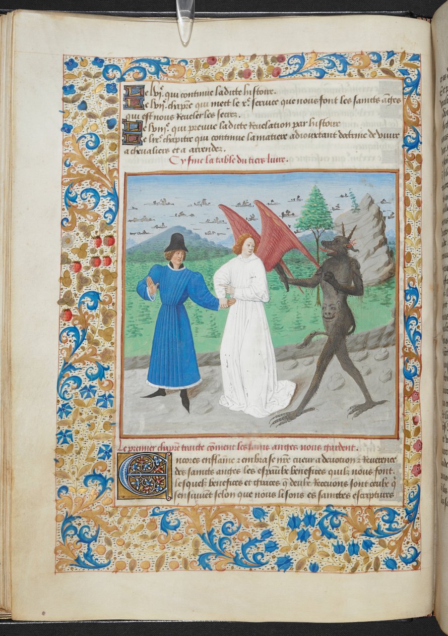 Miniatura mężczyzny z aniołem stróżem i diabłem Sloane MS 3049 f. 27, ok. 1480 (welin) autorstwa French School