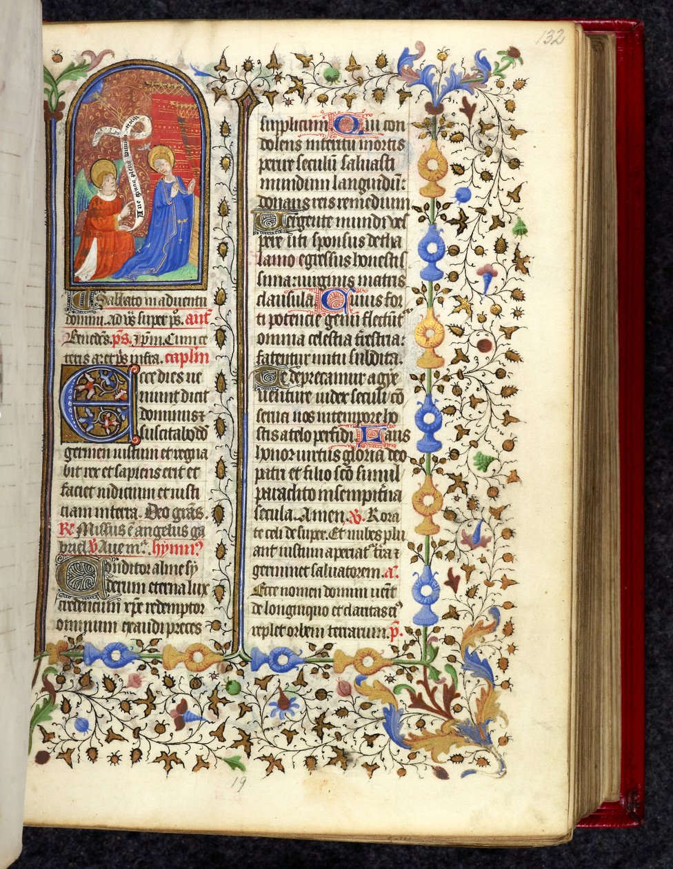 Miniatura Zwiastowania, zdobiony inicjał E (cce) i bordiury liściaste, początek Temporale w Brewiarzu, ok. 1420 (welum) autorstwa French School