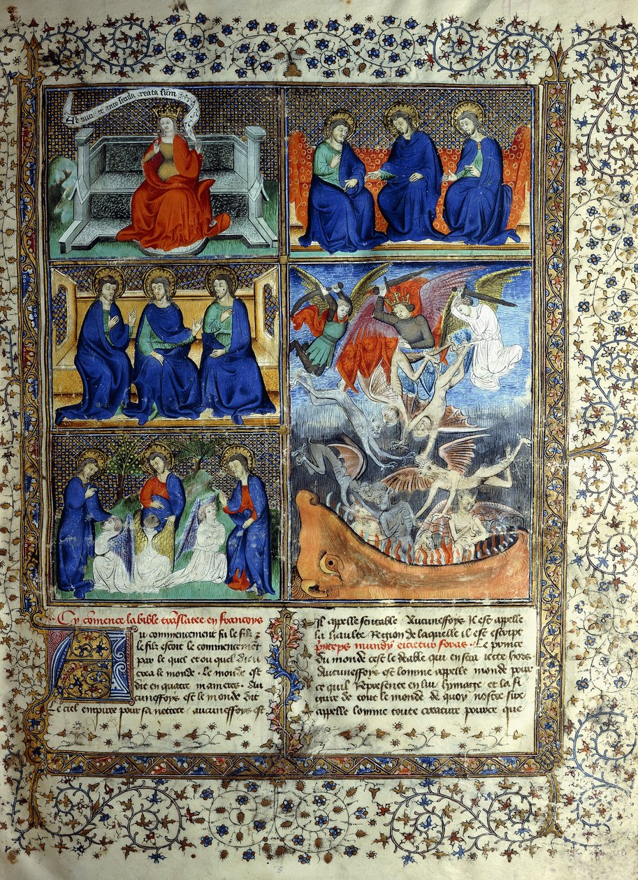 Miniatura przedstawiająca Królestwo Niebieskie przed stworzeniem: Sapientia, Trójca i Wypędzenie Lucyfera z Nieba, ok. 1410 autorstwa French School