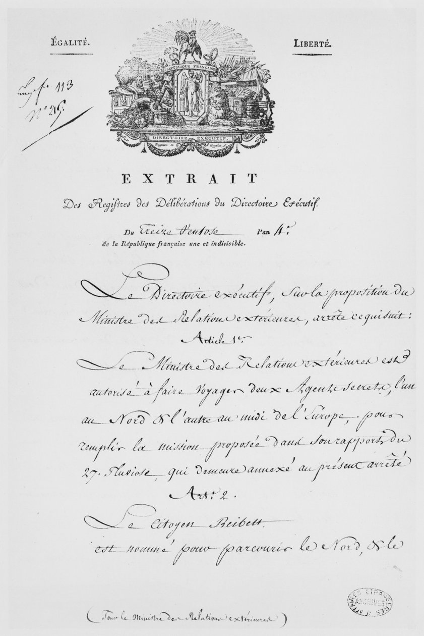 Ministerstwo Spraw Zagranicznych, nominacja dwóch tajnych agentów, 1796 (tusz na papierze) autorstwa French School