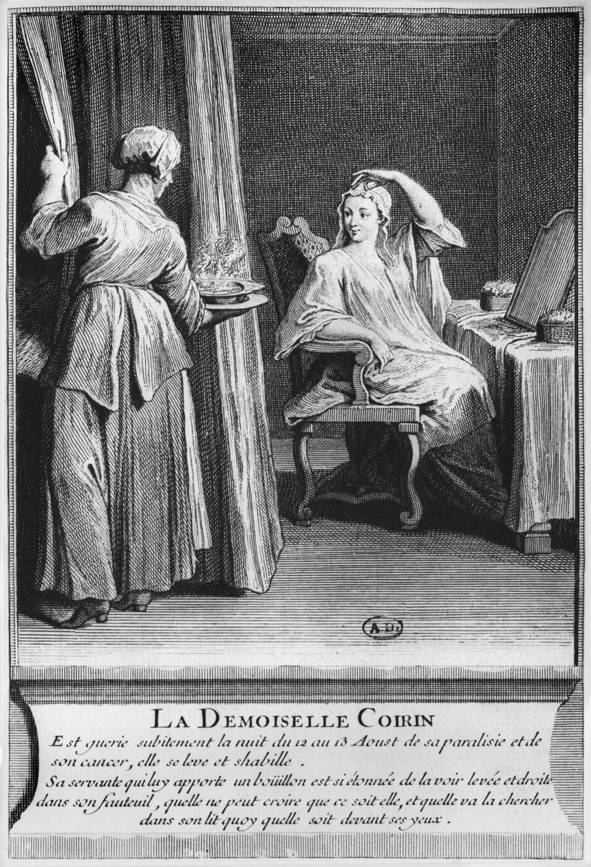 Cudowne uzdrowienie z paraliżu i raka Demoiselle Coirin, na grobie diakona Francois de Paris na cmentarzu parafialnym Saint-Medard w Paryżu, ilustracja z La verite des cuds de M autorstwa French School