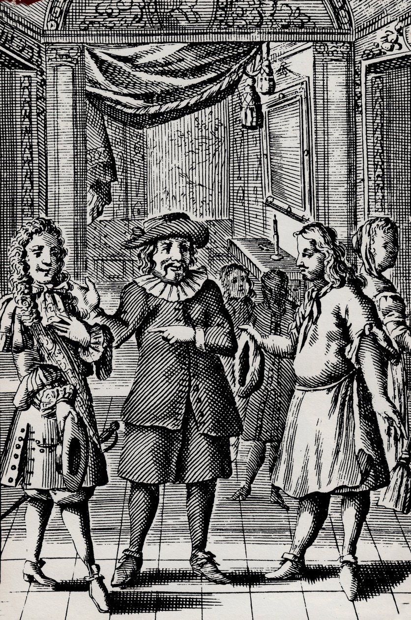 Skąpiec, rycina z dzieła Moliera, pseudonim Jean-Baptiste Poquelin (1622-1673) - Scena de la piece Moliera L