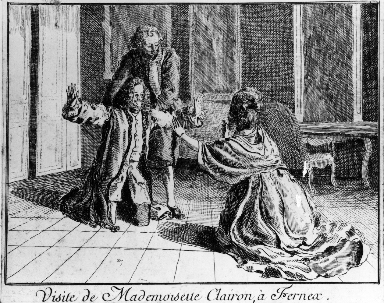 Panna Clairon (Mademoiselle Clairon Josephe Leris de La Ttude dit Mademoiselle Clairon (1723 -1803) Francuska aktorka odwiedziła Ferney a Voltaire Grawerowanie XVIII wieku. autorstwa French School