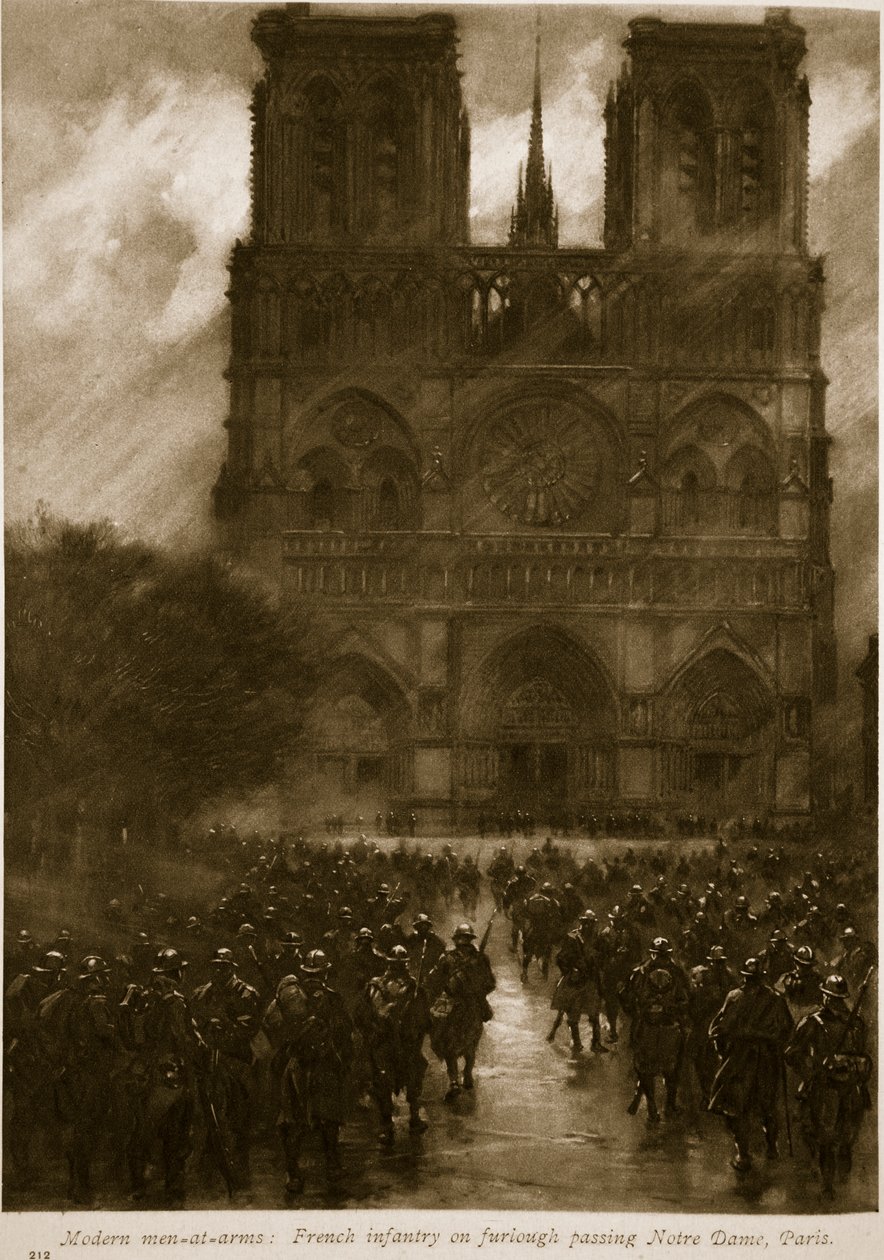 Współcześni żołnierze: francuska piechota na przepustce przechodząca obok Notre Dame, Paryż, 1914-19 autorstwa French School