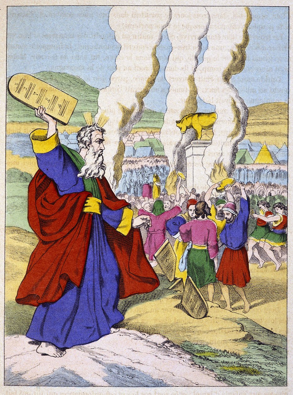 Moise łamie tablice prawa przed Złotym Cielcem - w „Życiu Moise”, wyd. Olivier Pinot, Epinal, koniec XIX wieku autorstwa French School