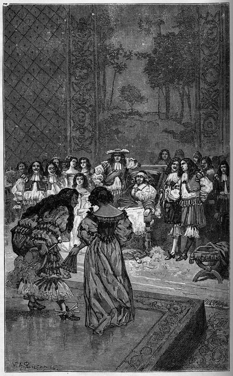 Moliere i jego trupa grająca przed królem Ludwikiem XIV i kardynałem Jules Mazarinem (Giulio Raimondo Mazzarino lub Mazarino) (1602-1661). Grawer w „The Illustrious World” 1886. autorstwa French School