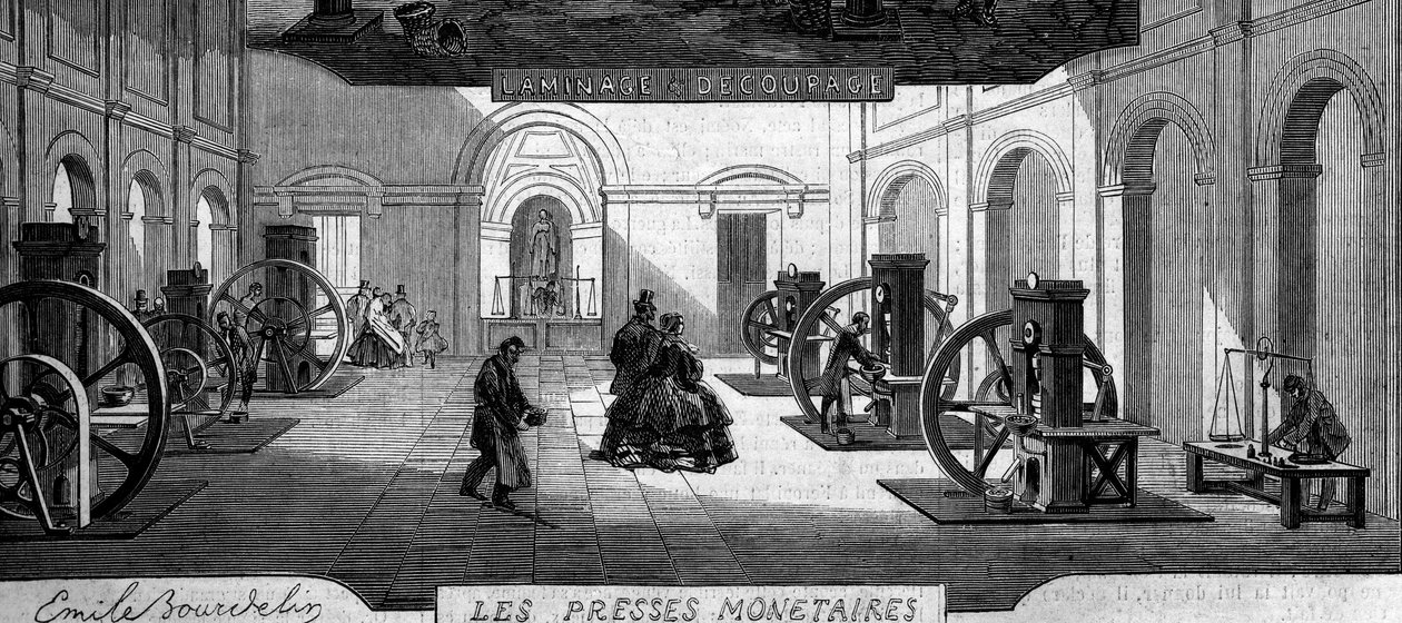 Zarabianie pieniędzy: kupuj prasę do pieniędzy. Grawer w „Le Monde Illustré” nr 145 z dnia 21 stycznia 1860 r. autorstwa French School