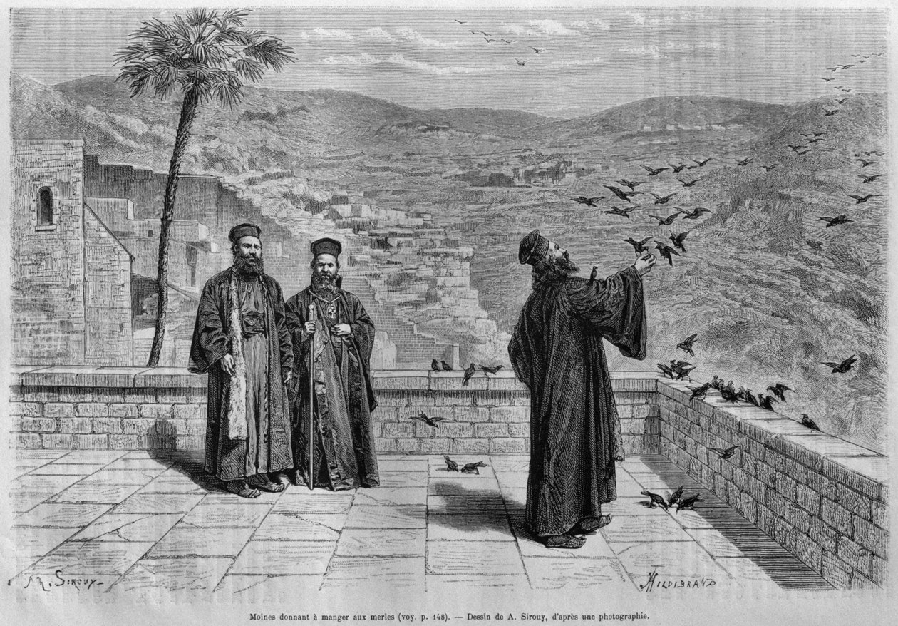 Mnich karmiący ptaki, klasztor Marsaha, z dzisiejszej Syrii. Podróżuje po Fenicji, Libanie i Judei. 1875-1880 Louis Charles Emile Lortet, 1884 (bw grawerowanie) autorstwa French School