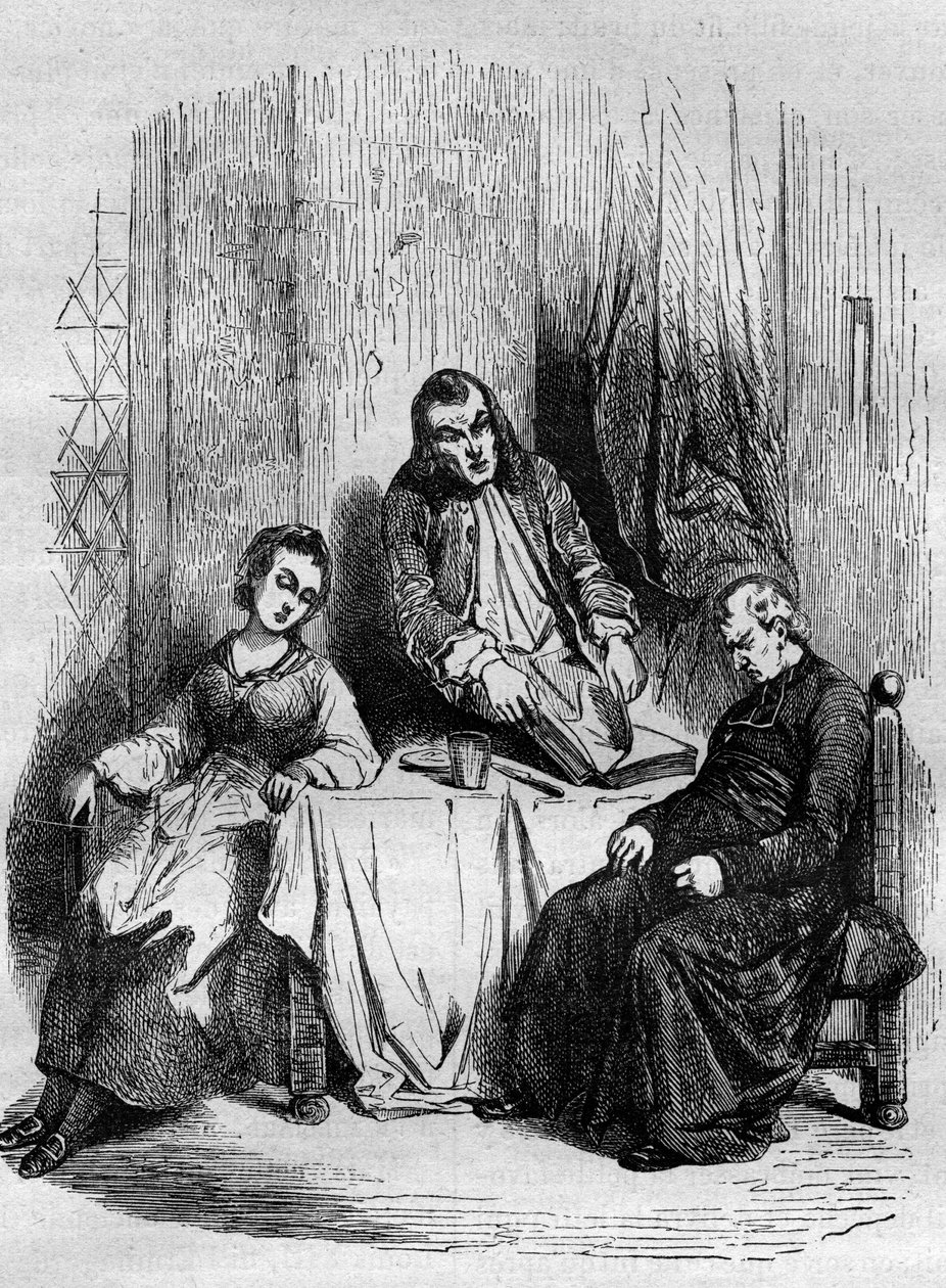 Monsieur De Breteuil, intendent Limousin, kontroluje księgi parafialne prowadzone przez Dubois, proboszcza i przyszłego kardynała. Grawerowanie z „Historii prostytucji i rozpusty u wszystkich narodów świata od starożytności do dzisiaj” autorstwa dr Th. -F. autorstwa French School