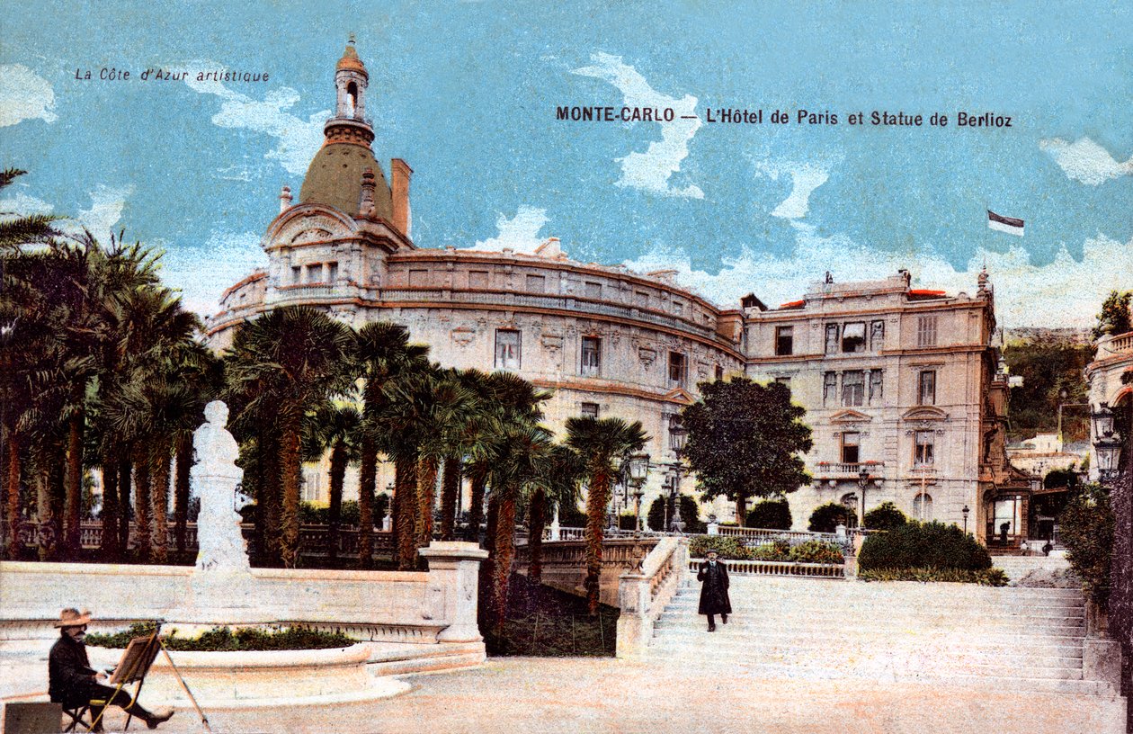 Monte-Carlo, Hotel de Paris i pomnik Berlioza - kolorowana pocztówka z początku XX wieku autorstwa French School