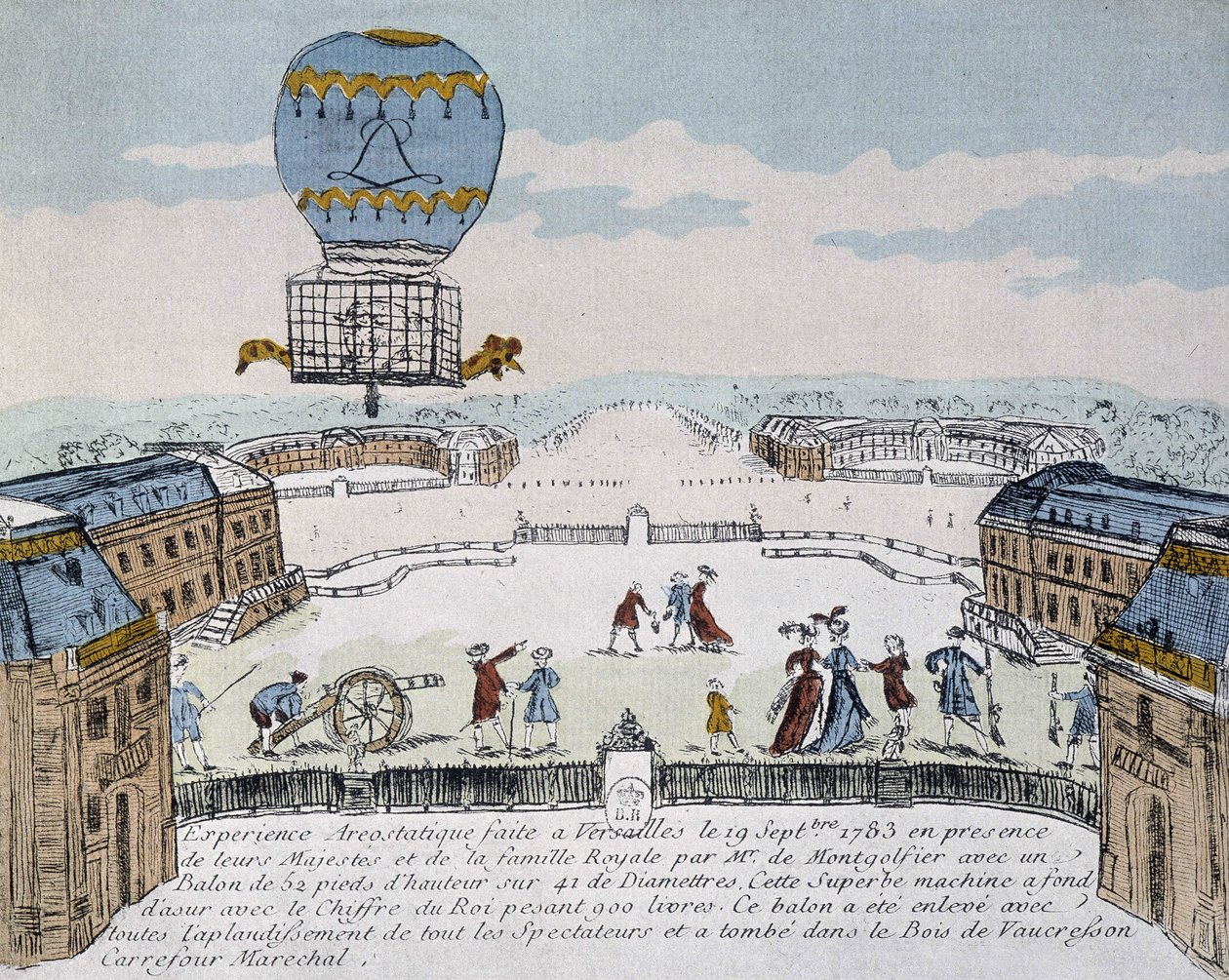 Pierwszy lot aerostatu zamieszkanego przez zwierzęta Montgolfiera zorganizowany w Wersalu, 19 września autorstwa French School