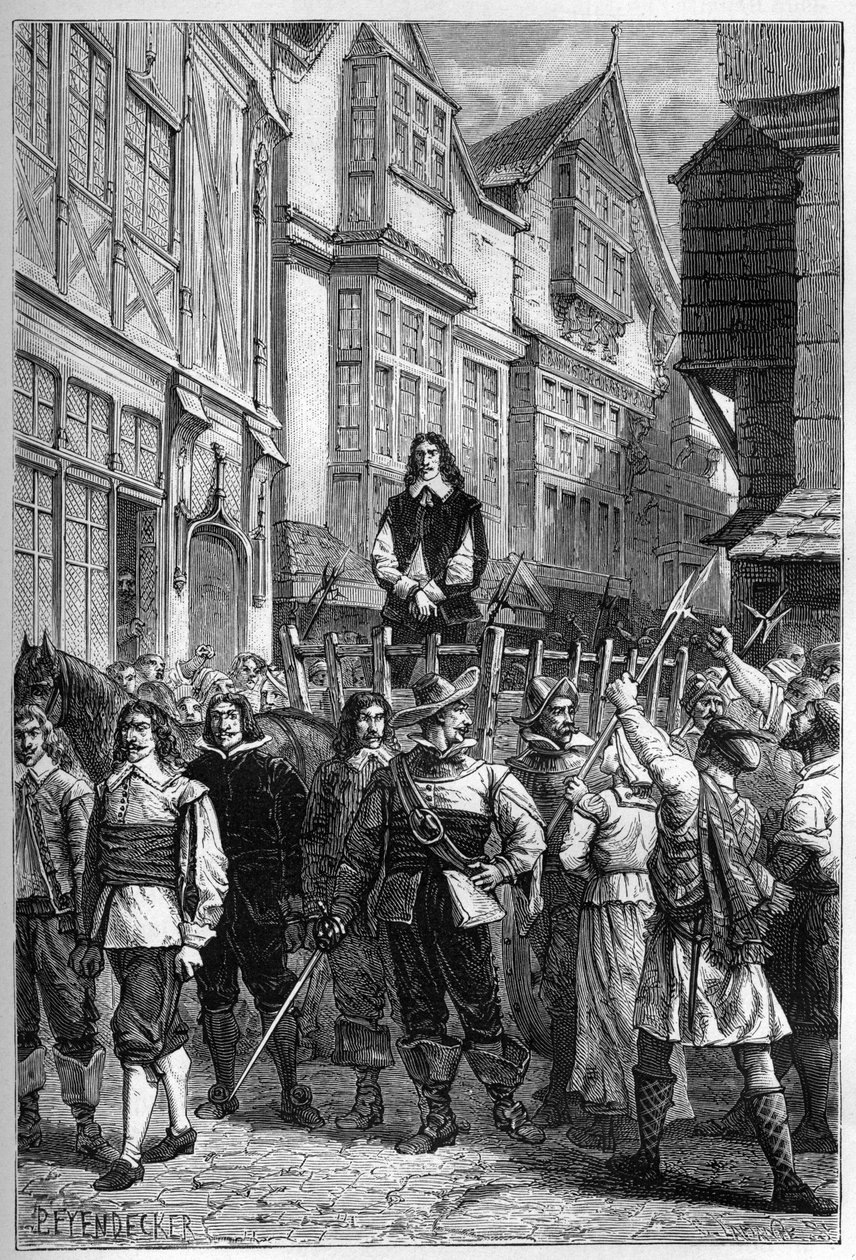 Montrose został zabrany do więzienia na wózku - James Graham (1612-1650), markiz Montrose szkocki generał wystawiony na High Street w Edynburgu, w 1650 r. - rycina z „Historii Anglii od najdawniejszych czasów” autorstwa Francois Guizot 187 autorstwa French School