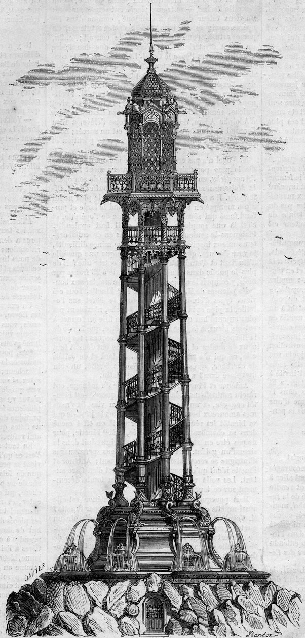 Monumentalna kolumna studni artezyjskiej Passy autorstwa niemieckiego inżyniera Charlesa Gosshelfa Kinda. Grawerowanie w „”Le Monde Illustré””n° 25 z 3 października autorstwa French School