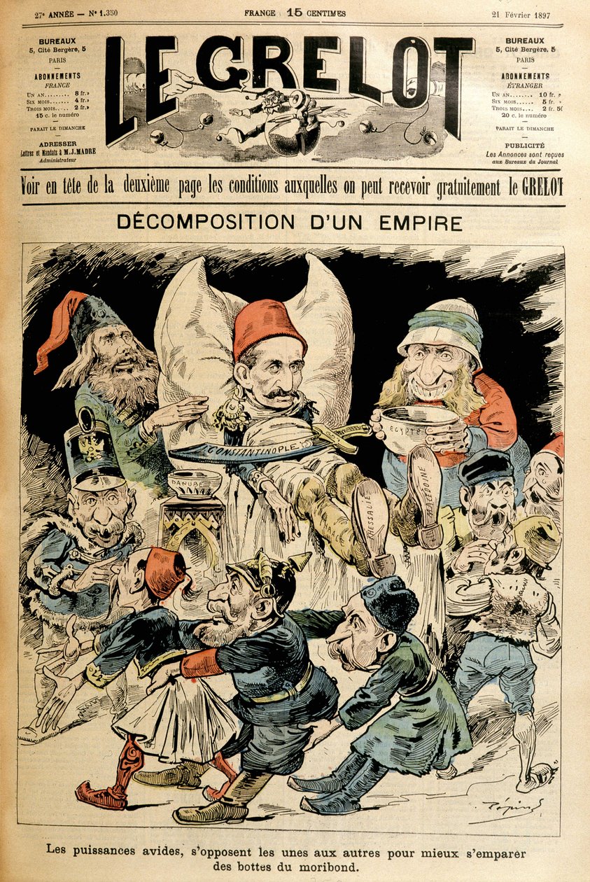 Konająca Turcja i obce mocarstwa walczące o jego buty, okładka „Le Grelot” 21.02.1897. autorstwa French School