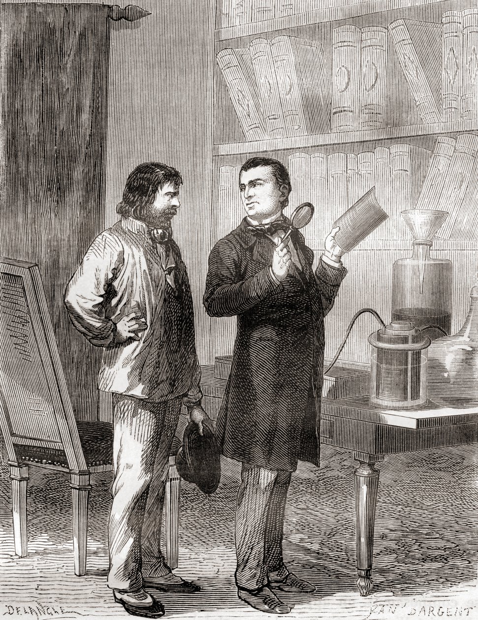 Moritz von Jacobi, po prawej, odkrywa galwanoplastykę lub elektrotypowanie w 1838 r., z Les Merveilles de la Science, wydanej ok. 1870 r. (rycina) autorstwa French School