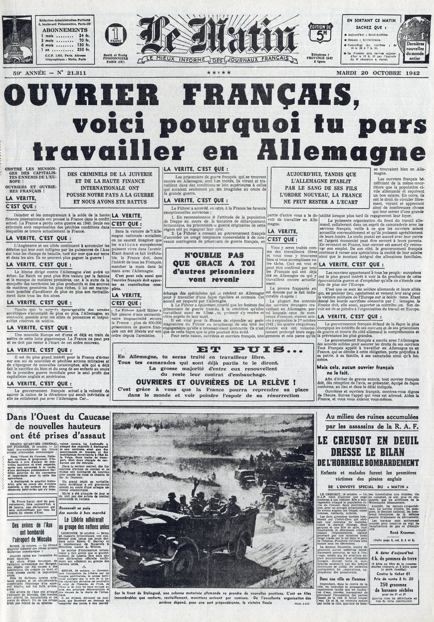 Dziennik Poranny nr 21311 z dnia 20 października 1942 r.: Sto - Służba Pracy przymusowej - Po co jechać do pracy w Niemczech - autorstwa French School