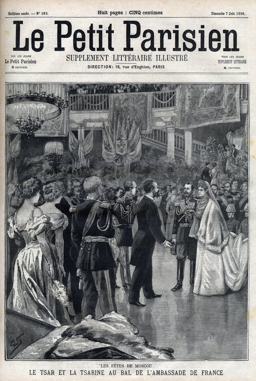 Moskiewskie uroczystości: car Rosji Mikołaj II (1868-1918) i caryca Aleksandra Fiodorowna Romanowa (1872-1918) na balu ambasady francuskiej w „Le petit Parisien”” autorstwa French School