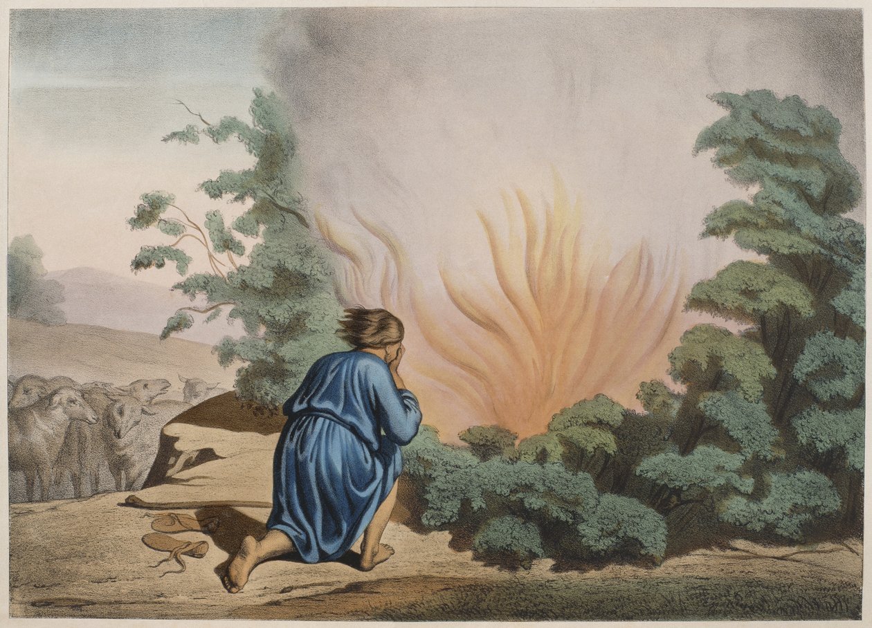 Mojżesz i gorejący krzew, ilustracja z katechizmu LHistoire Sainte, wyd. Charles Delagrave, Paryż, koniec XIX wieku autorstwa French School