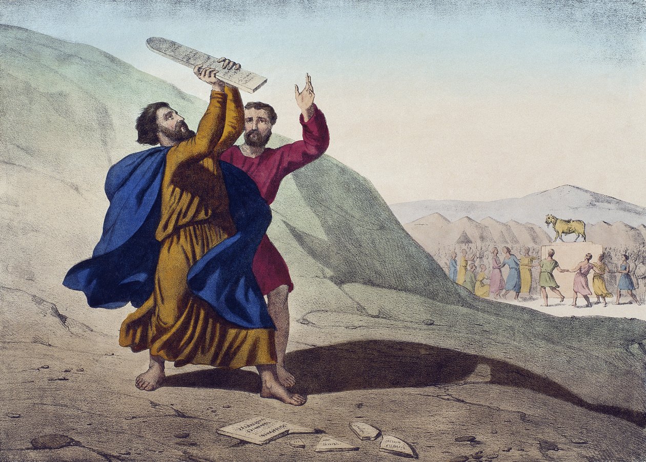 Mojżesz łamiący Tablice Prawa i Adoracja Złotego Cielca, ilustracja z katechizmu LHistoire Sainte, wyd. Charles Delagrave, Paryż, koniec XIX w. autorstwa French School