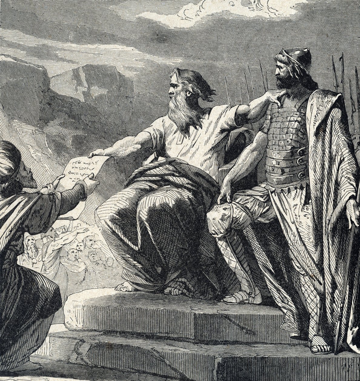 Mojżesz nakazujący ludowi Izraela uznanie władzy Jozuego (Mojżesz wybiera Jozuego na swojego następcę) Rycina z „Historii Świętej” autorstwa Lahure, XIX-wieczna kolekcja prywatna autorstwa French School