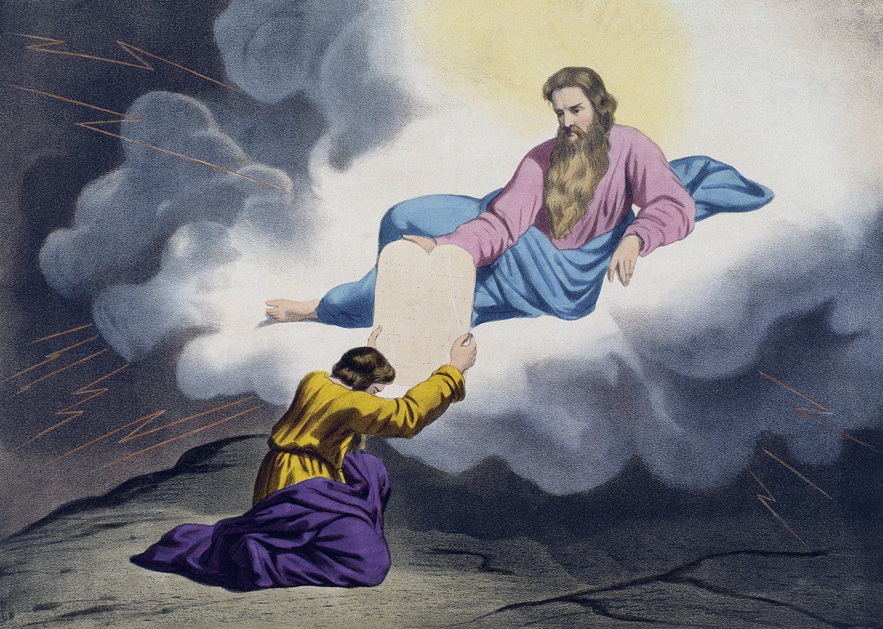 Mojżesz otrzymujący Tablice Prawa, ilustracja z katechizmu LHistoire Sainte, wyd. Charles Delagrave, Paryż, koniec XIX w. autorstwa French School