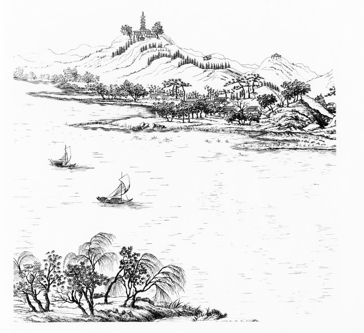 Mount Chang i jezioro Chou, z Jardins Anglo-Chinois a la Mode, George Louis le Rouge, opublikowane ok. 1776-88 autorstwa French School