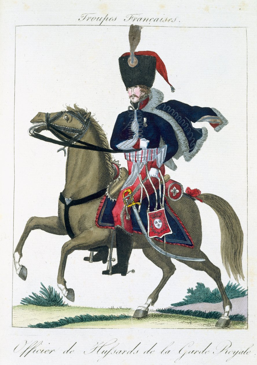 Oficer konny huzarów gwardii królewskiej, z Troupes Francaises, wyd. chez Basset, Paryż, ok. 1790 autorstwa French School