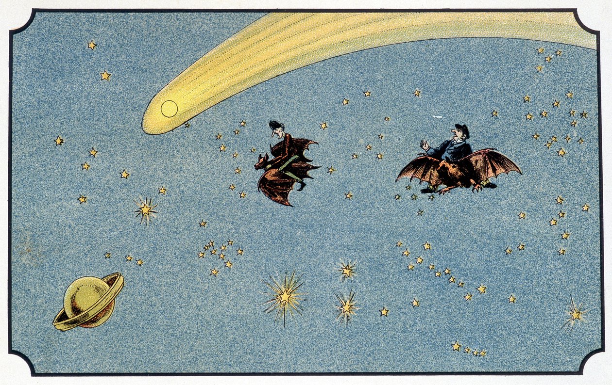 Pan Baboulifiche i jego sługa Papavoine jadący na nietoperze w kosmosie - w „” Voyage dans la lune”” A. de Ville-d