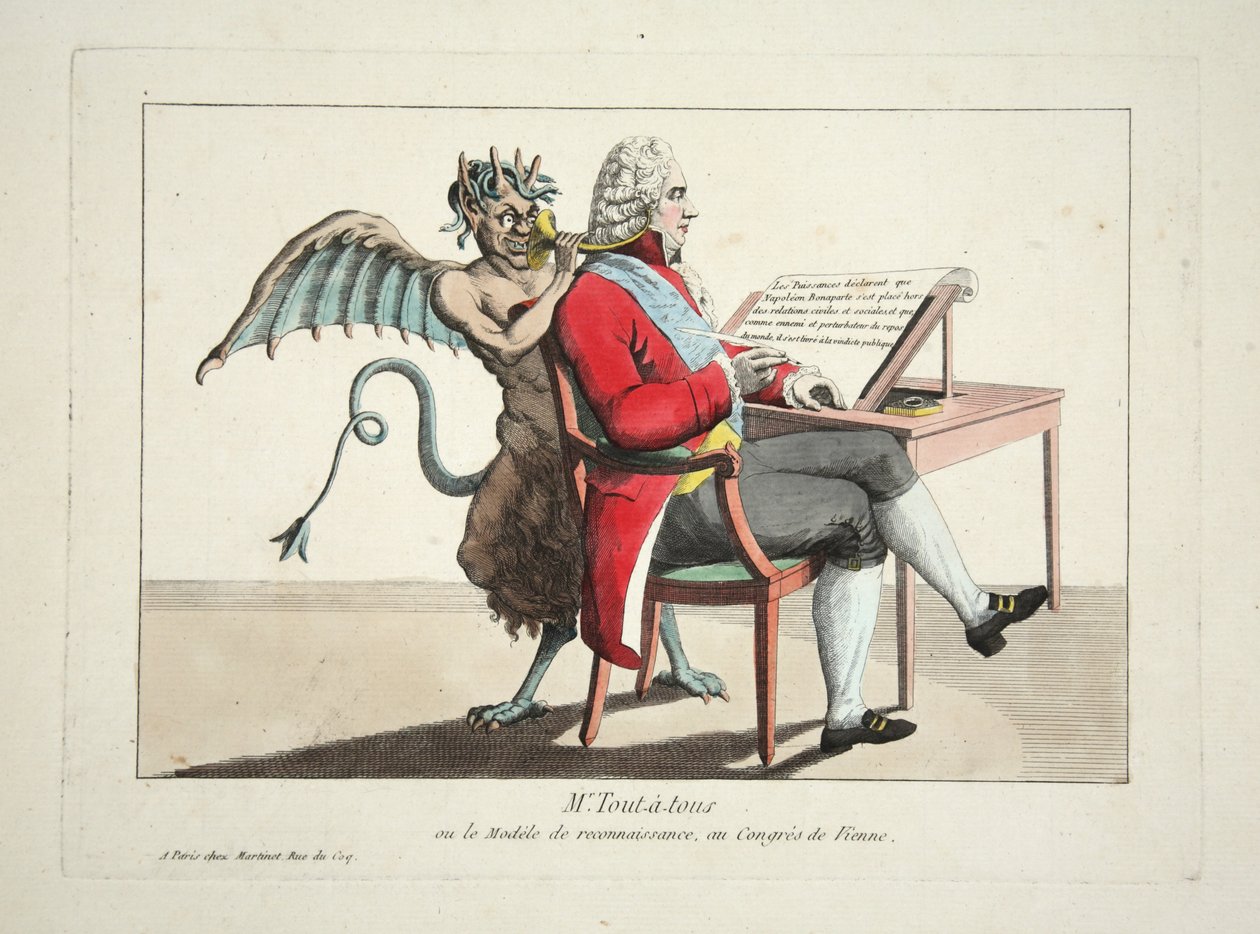 Pan Tout-a-tous czyli model uznania, na Kongresie Wiedeńskim, wyd. 1815 (kolor grawerowany) autorstwa French School
