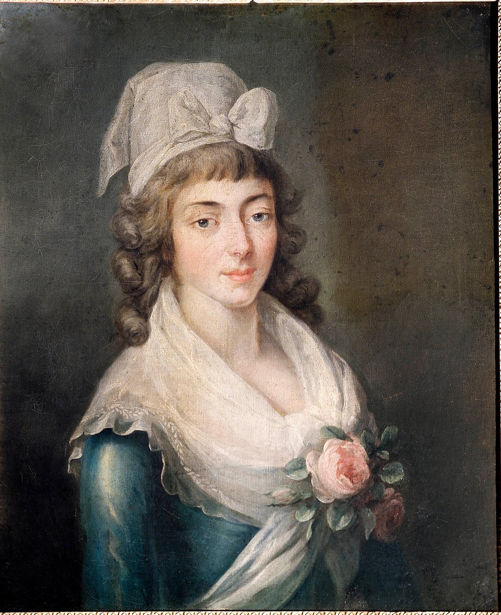 Pani Roland: Portret Madame Roland (1754 - 1793), postaci rewolucji francuskiej, w czapce Girondin. malarstwo szkoły francuskiej autorstwa French School
