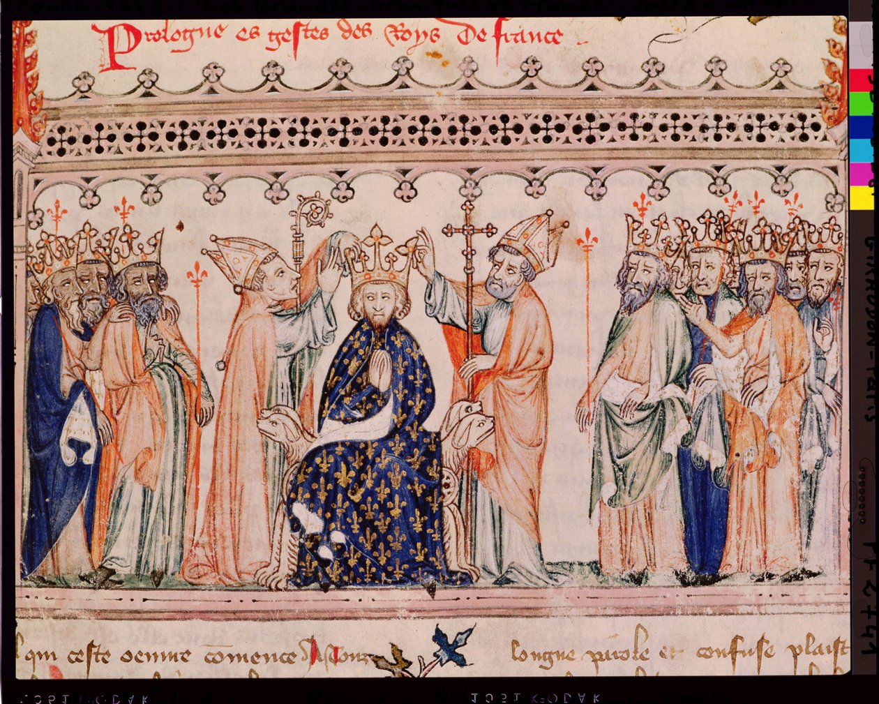 Ms.1469 f.1 Konsekracja Filipa III Śmiałego (1245-85) króla Francji, z Grandes Chroniques de France, 1375-79 autorstwa French School