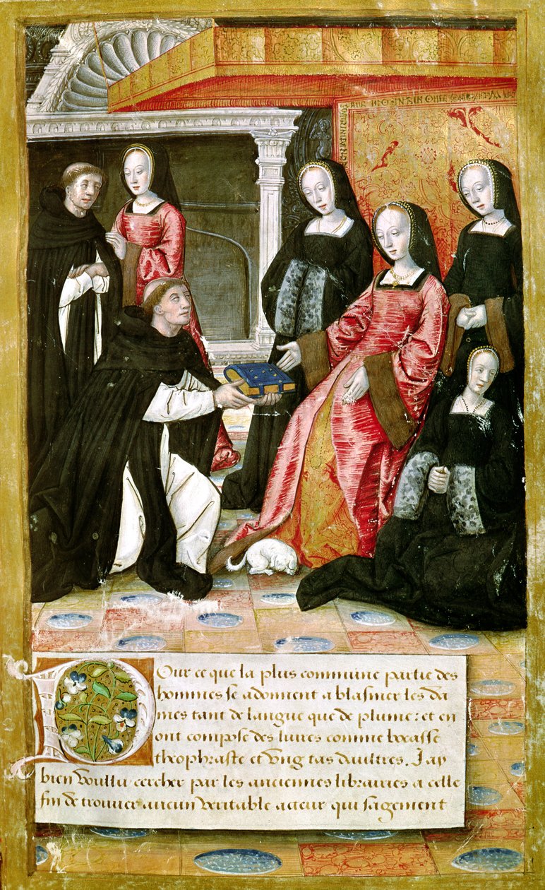 Ms.17 fol.1 Autor ofiarowujący swoją książkę Annie Bretanii (1477-1514) z Vie des Femmes Celebres, c.1505 autorstwa French School