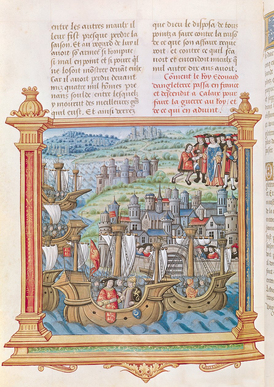 Ms.18 f.109v Edward IV z Anglii lądujący w Calais, z Memoires de Philippe de Commines autorstwa French School
