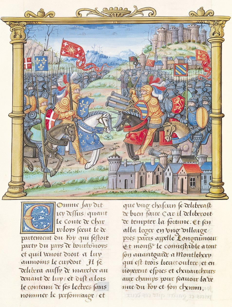 Ms.18 f.7v Bitwa pod Montlhery podczas wojny Ligi Dobrej Społeczności, 14 lipca 1465, ze wspomnień Philippe of Commines (1445-1509) autorstwa French School