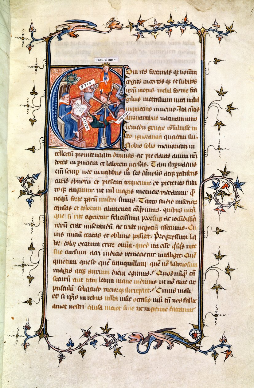 Ms.239 fol.1 Strona z historycznym inicjałem przedstawiającym siedzącego mężczyznę przed kołem fortuny, z „De Remediis Utriusque Fortunae” Petrarki (1304-74) autorstwa French School