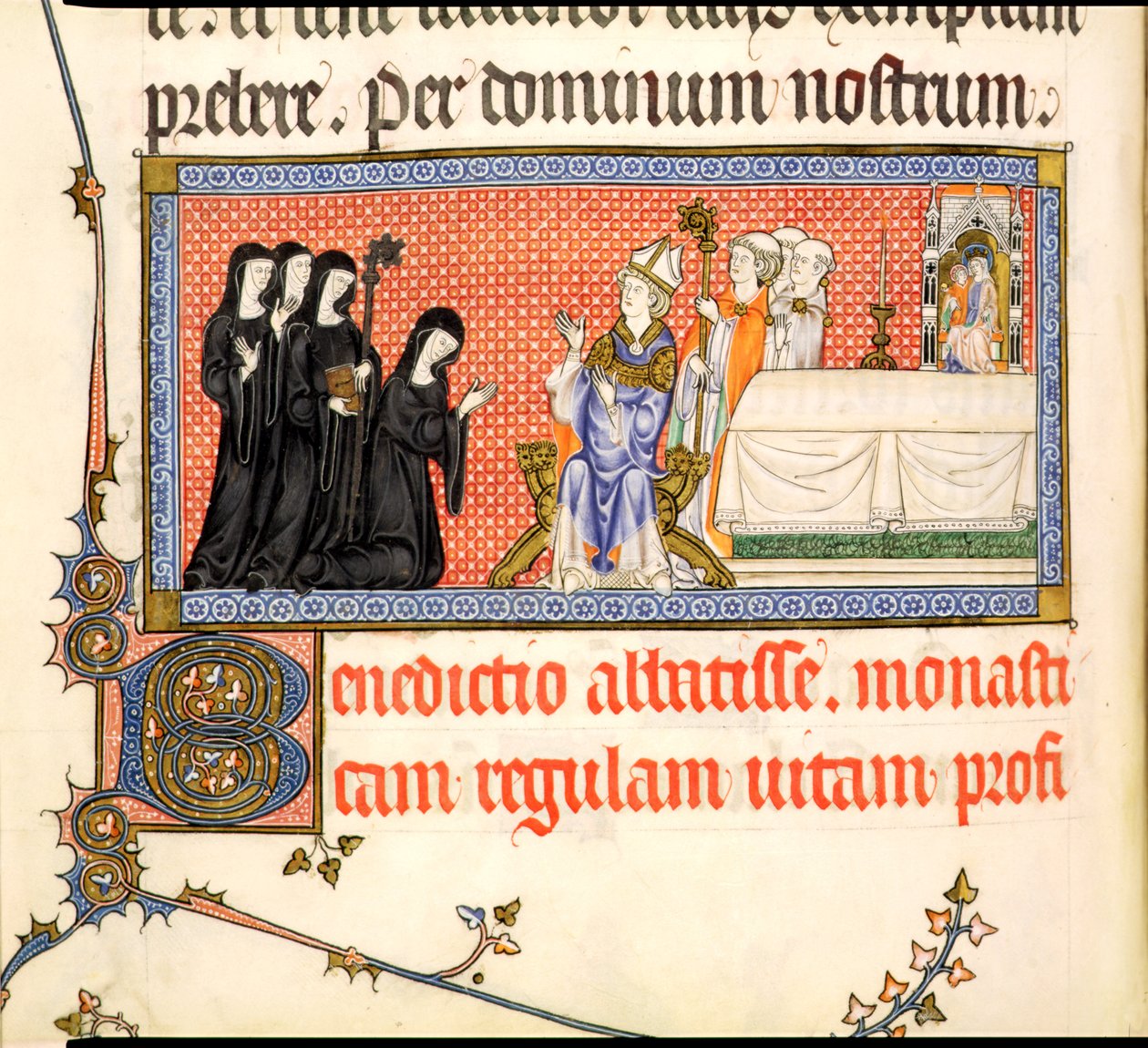 Ms.298 f82v Ofiarowanie opatki z Papieskiego Metzu, napisane dla Raymonda Bara, biskupa Metz, 1302-16 autorstwa French School