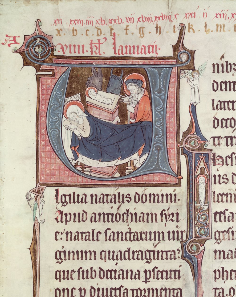 Ms.838 fol.55 Historyczne inicjały U i I przedstawiające szopkę i Dzieciątko Chrystus, z Obituaire de Notre Dame de Pres, po 1270 r. (patrz także 155905) autorstwa French School