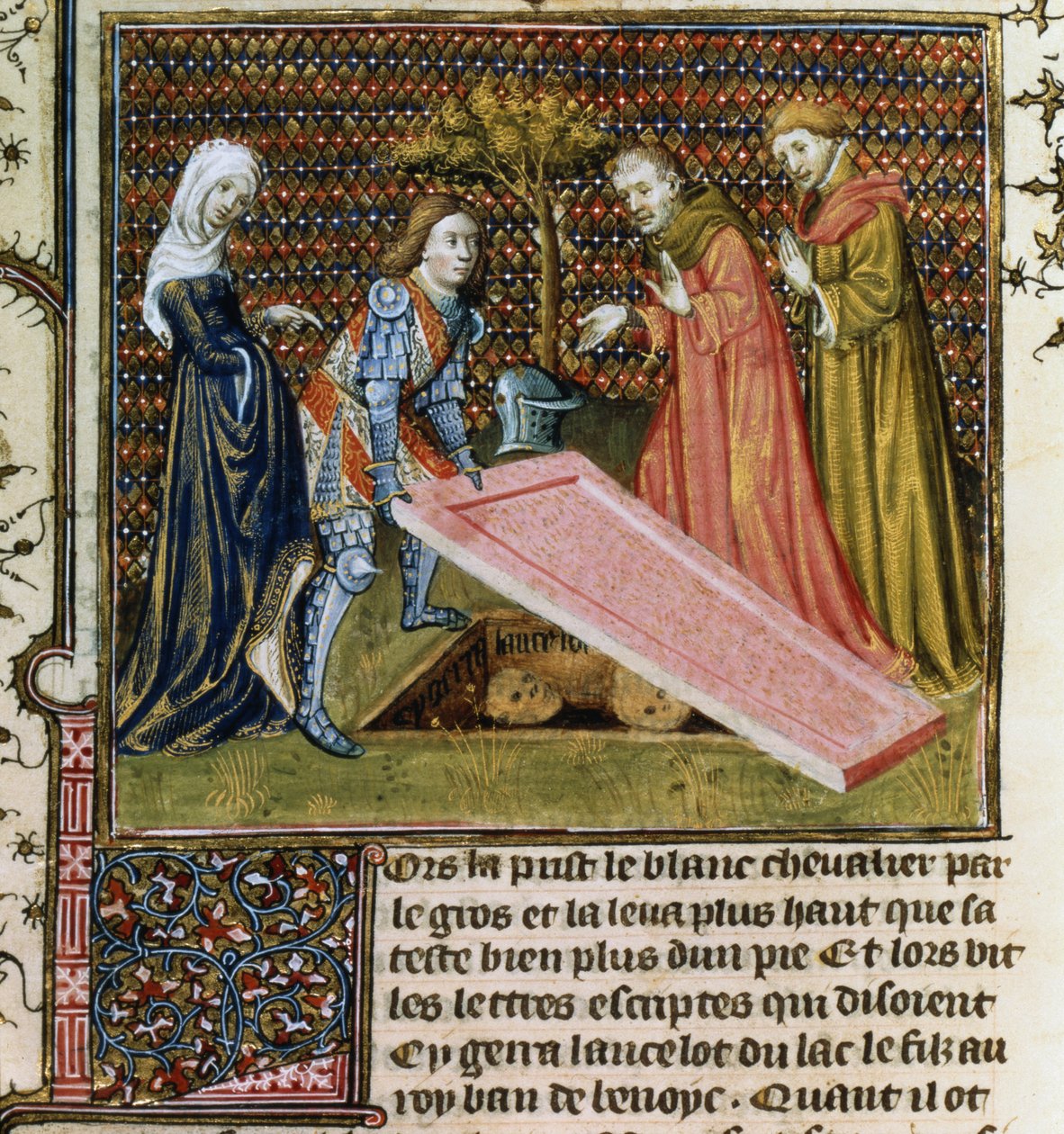 Pani Fr.118 f.190 Lancelot podnosi kamień z własnego, przeznaczonego mu grobu i dowiaduje się o swoim imieniu i pochodzeniu z Livre de Messire Lancelot du Lac autorstwa French School