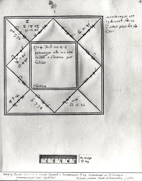 Ms.Fr.12293 fol.49 Horoskop Petrarki (1304-74) autorstwa Galileusza, z kolekcji horoskopów figur od XIV do XVII wieku autorstwa French School