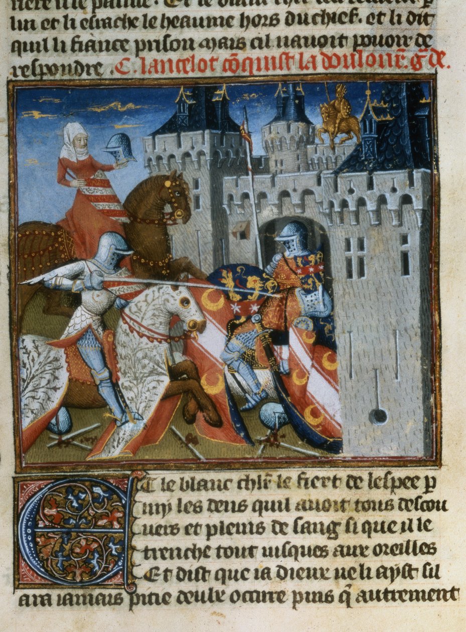 Pani Fr 118 f.189v Sir Lancelot chwyta Dolorous Garde za pomocą nowej tarczy, którą otrzymał od Pani Jeziora, z Livre de Messire Lancelot du Lac autorstwa French School