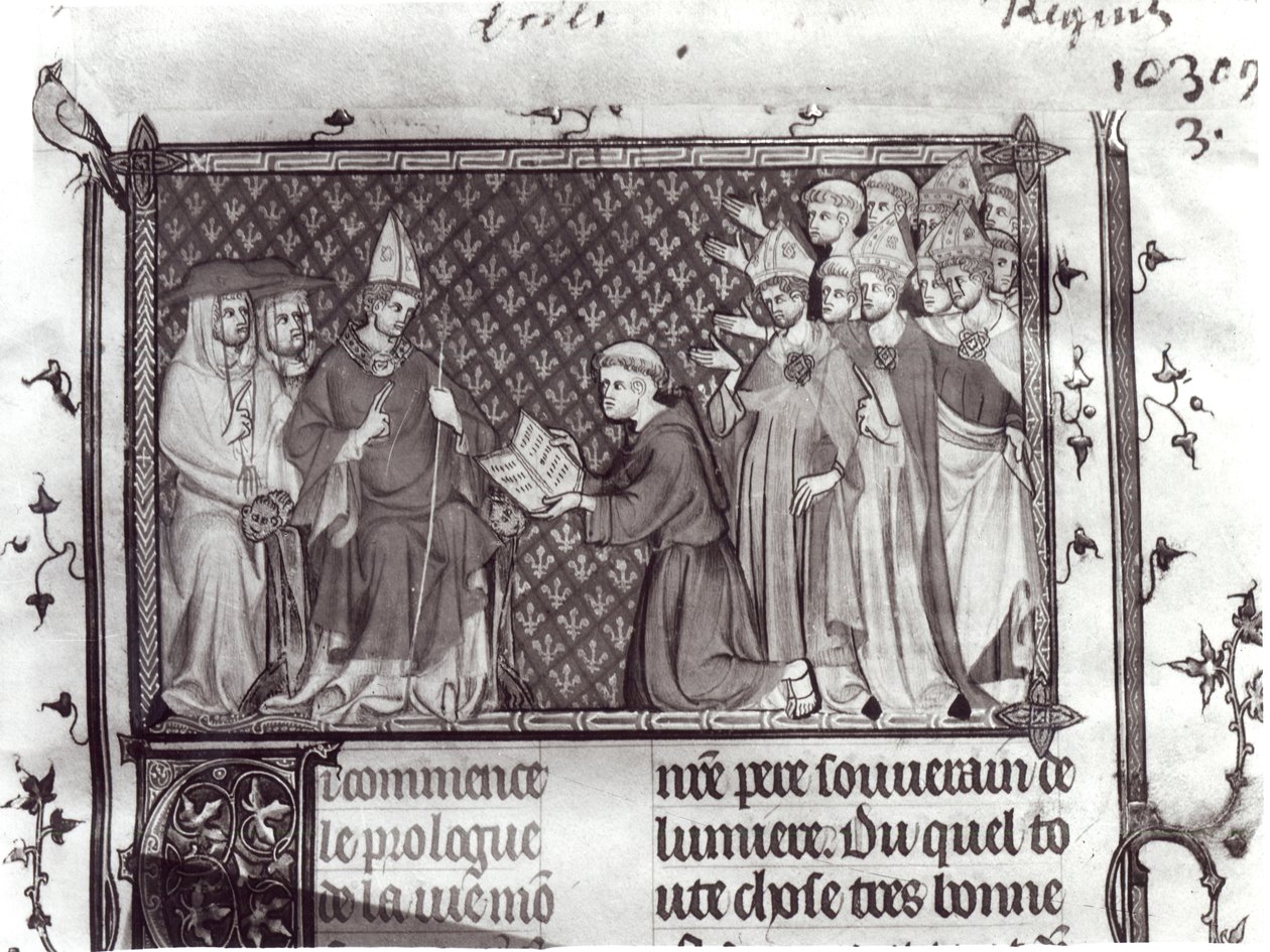 pani ks. 5716 f.2 Jean dAntioch przed Marcinem IV, z Life and Miracles of St. Louis, c.1330-40 autorstwa French School