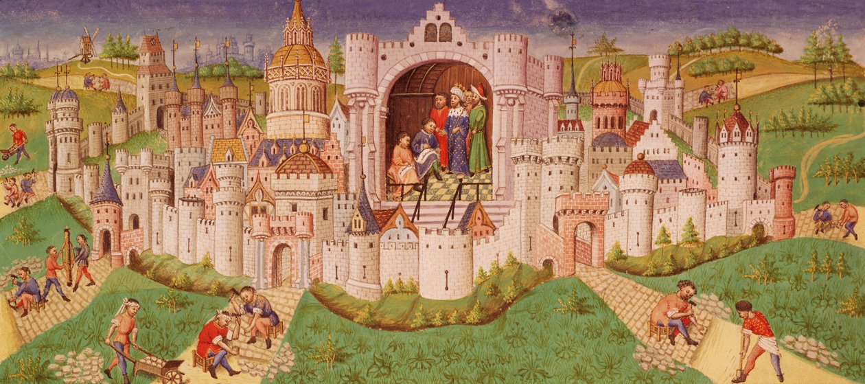 Ms. 0242 f.48v Widok miasta z robotnikami układającymi brukiem drogi prowadzące do bram miejskich, podczas gdy król stoi w komnacie dyktując dwóm skrybom autorstwa French School