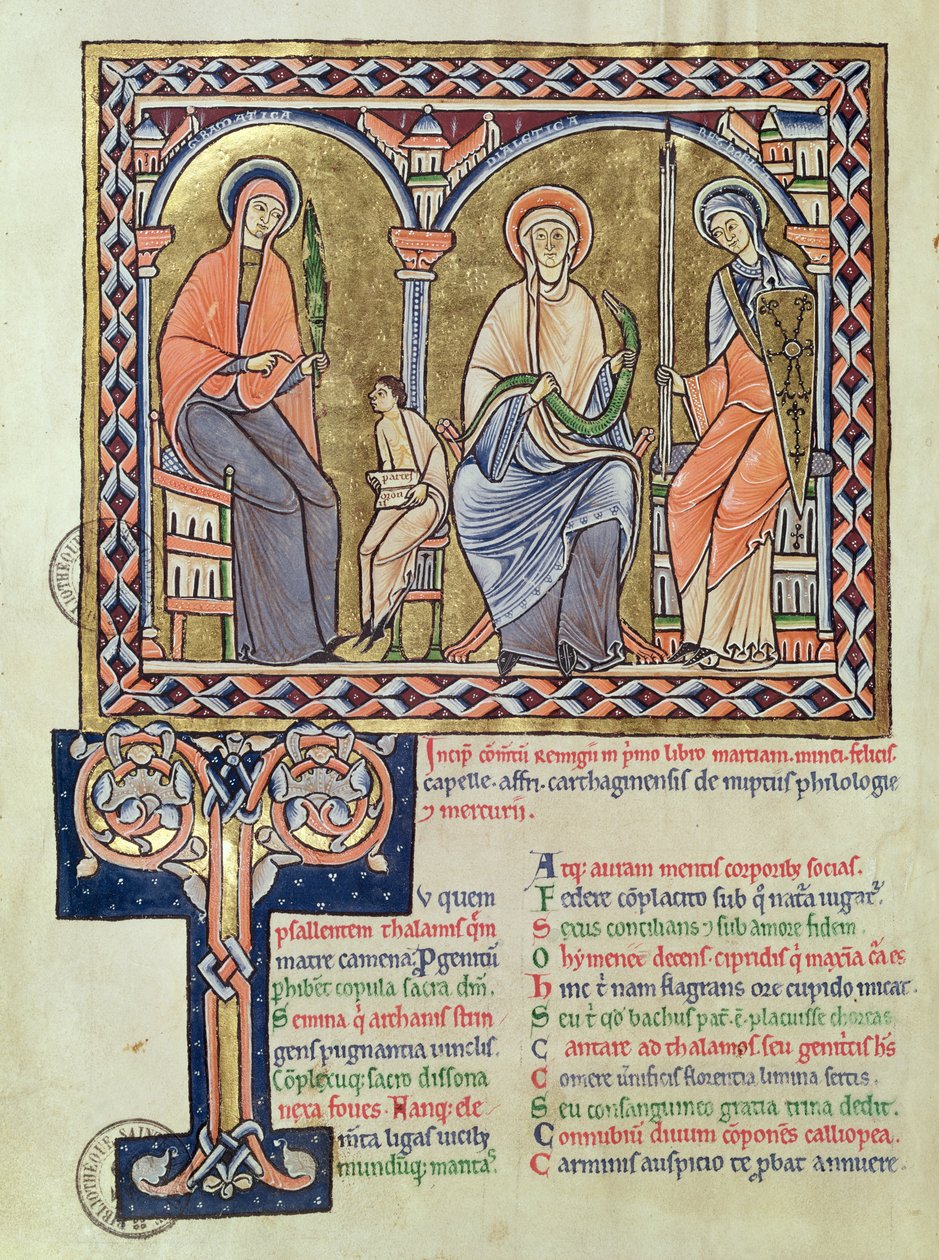 Ms 1041 f.1v Gramatyka, dialekt i retoryka z Satyriconu Martianusa Capelli, c.1200 autorstwa French School